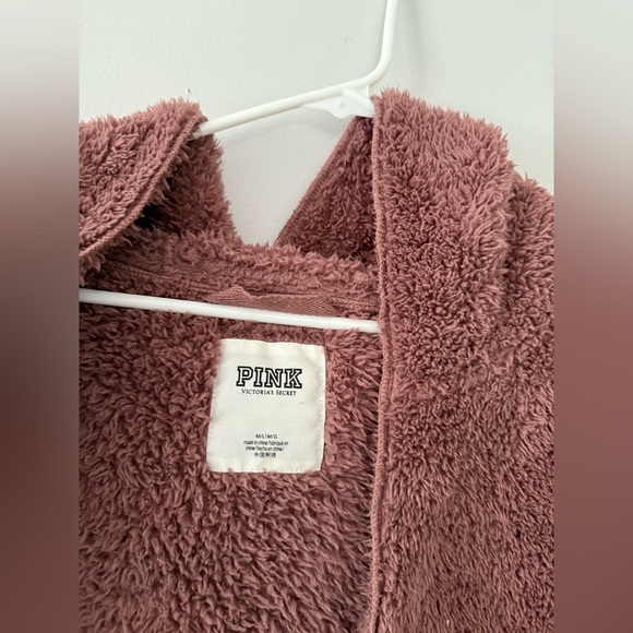 PINK Hooded Teddy Jacket Cardigan Sweater Fuzzy Sherpa Mauve Purple Size M L - Picture 4 of 8